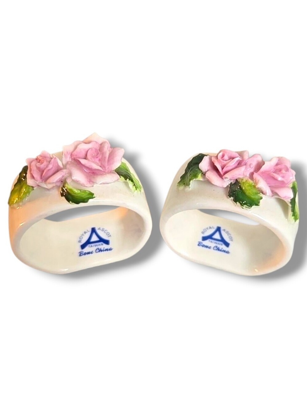 Set of 2 Royal Ascot Napkin Rings,White with Raised Pink Rose Bone China, Taiwan